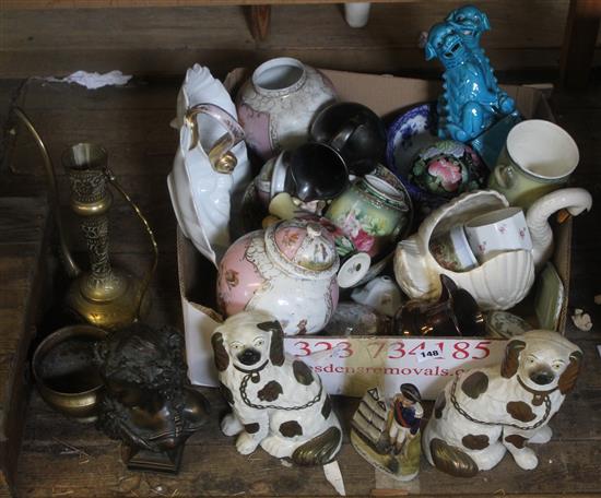 Collection of decorative ceramics & brass coffee pot, bust of a girl & vase